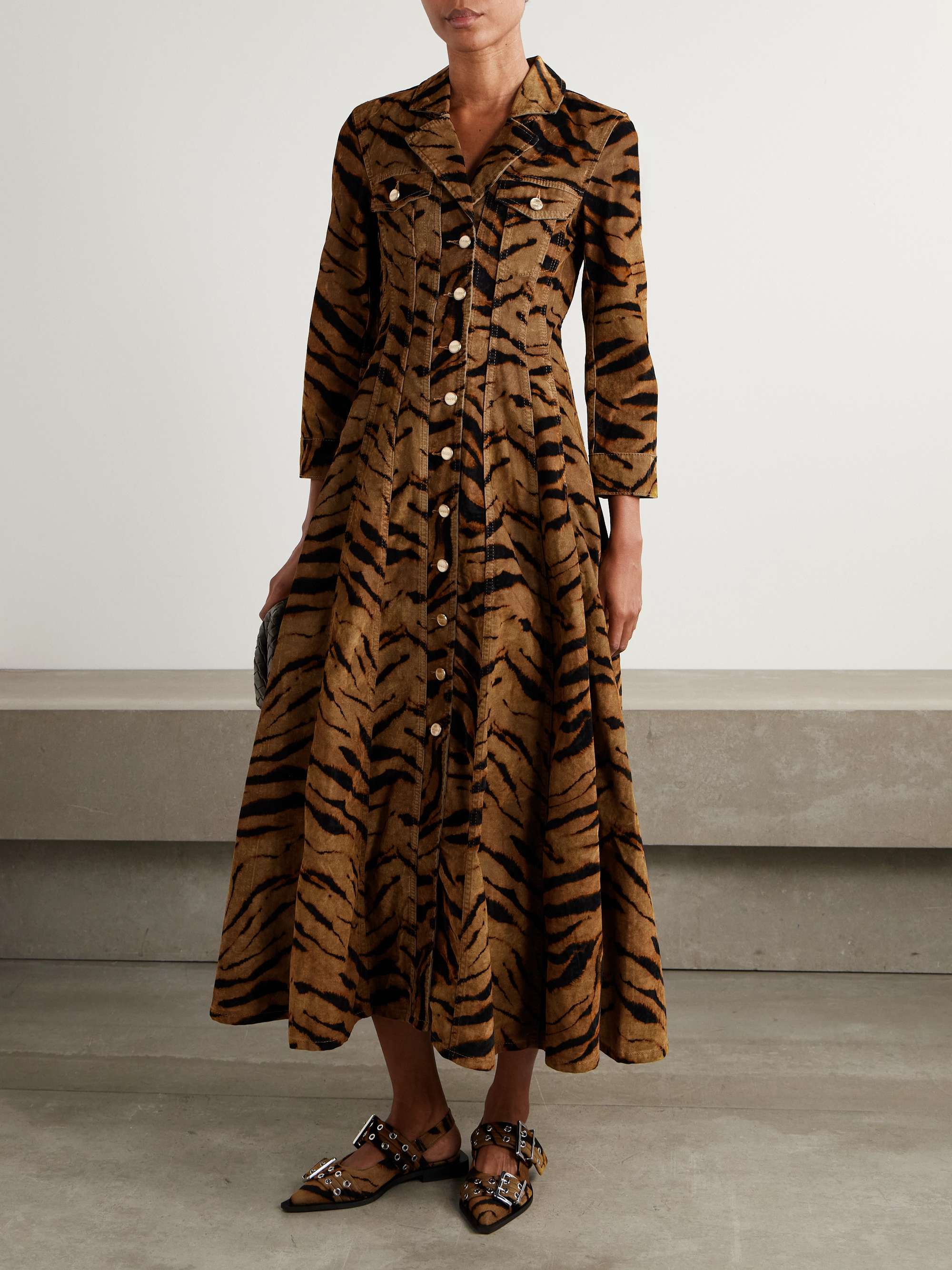 Printed Flocked Denim Maxi Dress