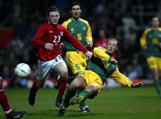 Wayne Rooney in action during his England debut almost 18 years ago.