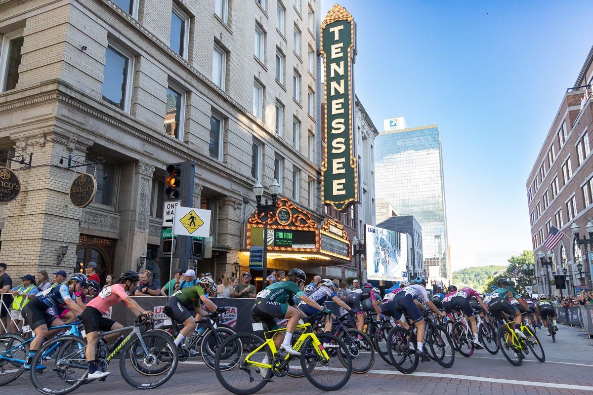 Riders could see themselves on the big screen as they rounded the last of 6 turns at the famous Tennessee Theatre