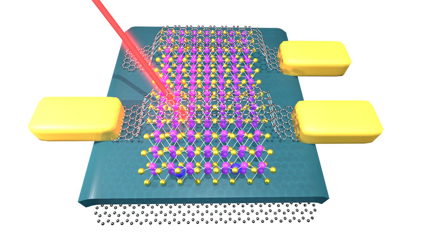 3D schematic of the device showing an indium selenide channel (purple), graphene electrodes (horizontal bands), and a laser beam (red)