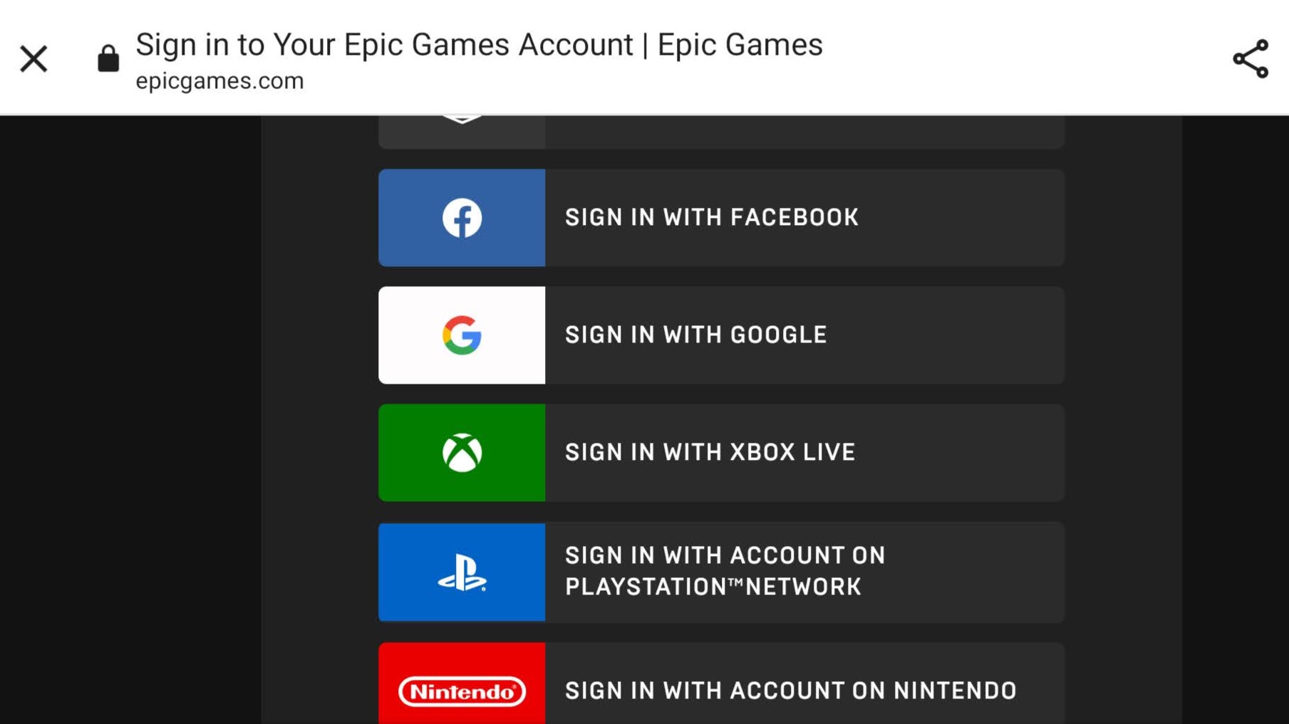 Epic Games login options