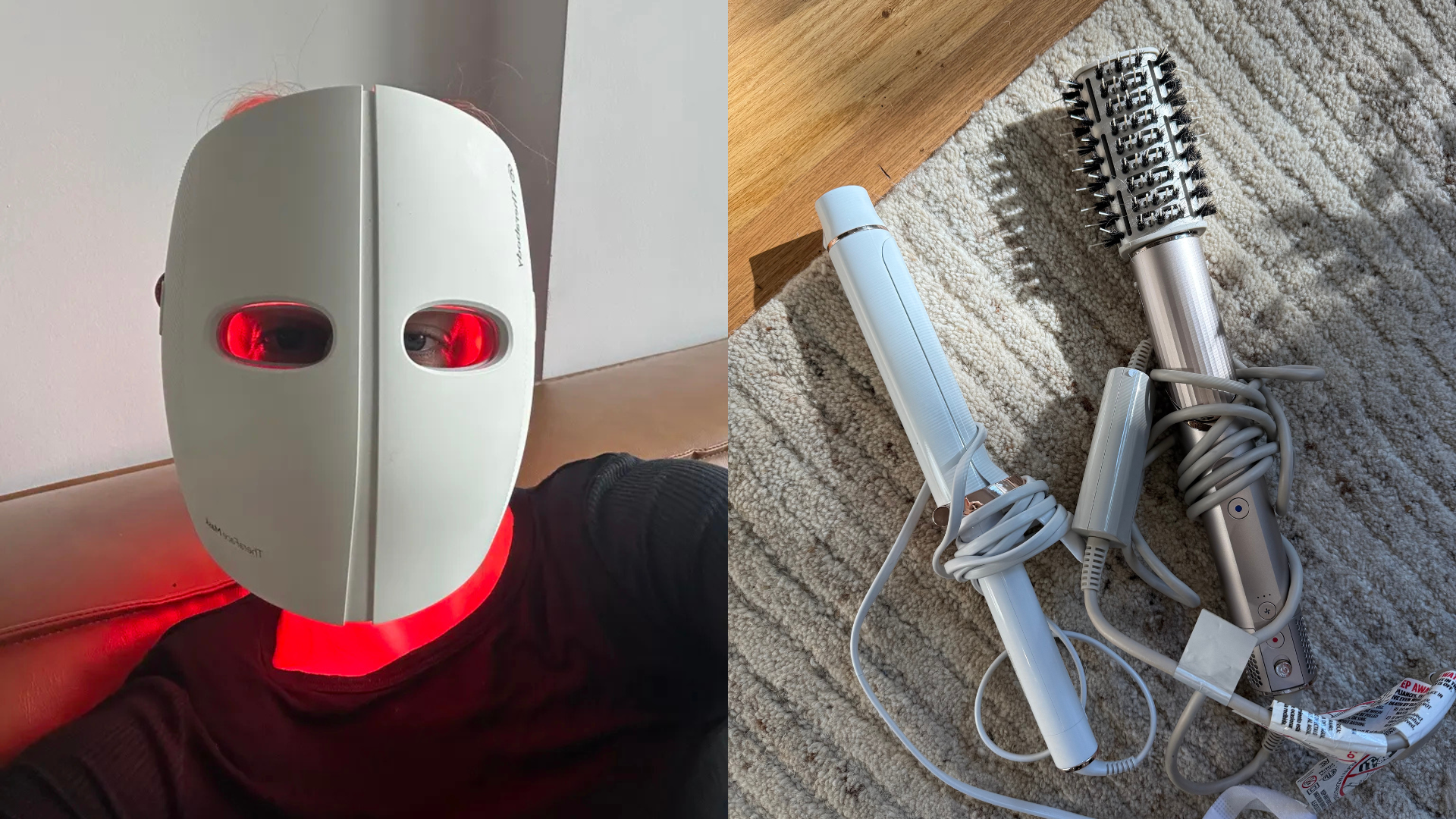 Photo of Jamie Chevron wearing Theraface's LED Mask next to a flatlay of hair tools 