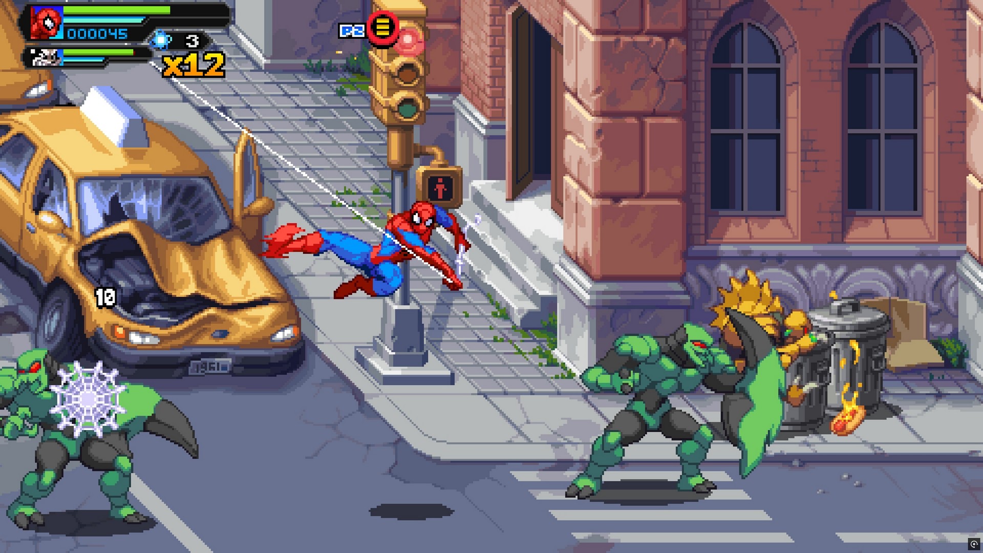 Spider-Man swing kicks towards enemies in New York City in Marvel Cosmic Invasion