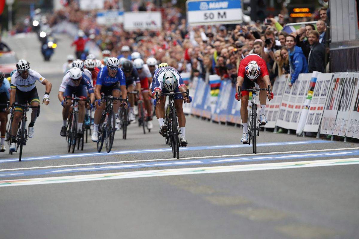 Peter Sagan (Slovakia) out-sprints Alexander Kristoff (Norway) to win his third straight world title