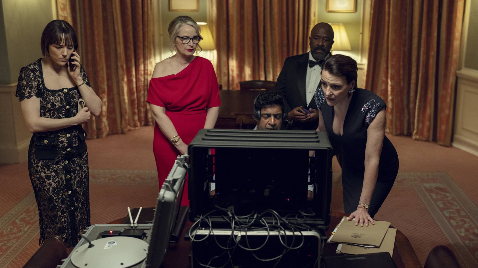 Jehnny Beth, Julie Delpy, Lucian Msamati and Suranne Jones in Hostage on Netflix.