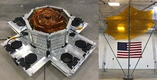 The R3D2 prototype spacecraft antenna is seen in packed and deployed positions. DARPA will launch the satellite test flight on a Rocket Lab Electron booster.