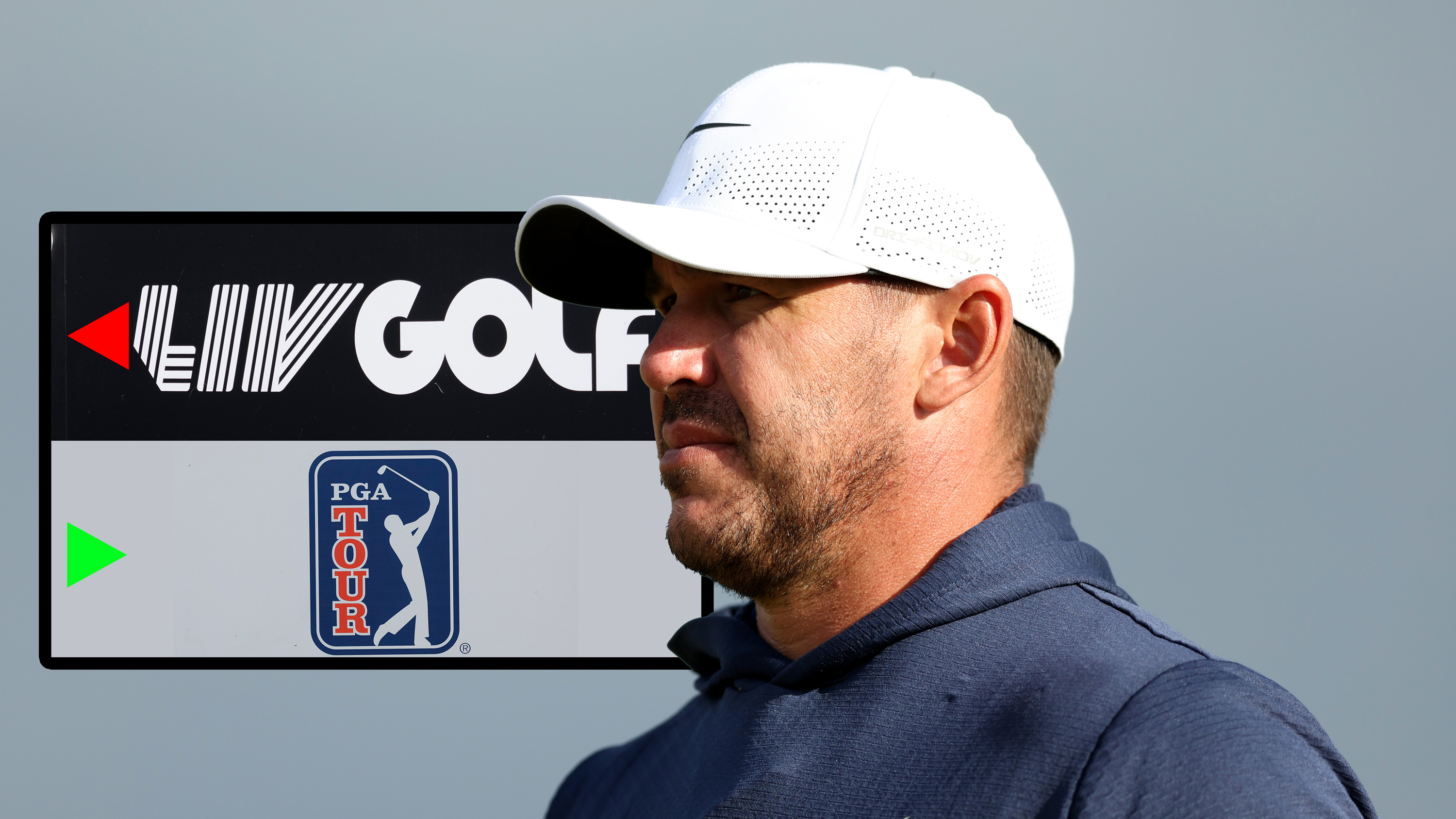 Brooks Koepka looking pensive in front of a bleak sky with an inset image of a substitution board signalling LIV Golf out and PGA Tour in