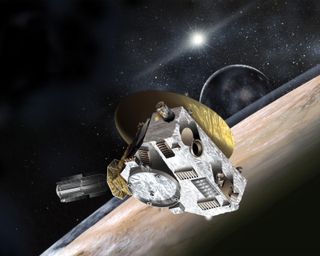 This artist’s concept shows NASA's New Horizons spacecraft during its 2015 encounter with Pluto and its moon, Charon.