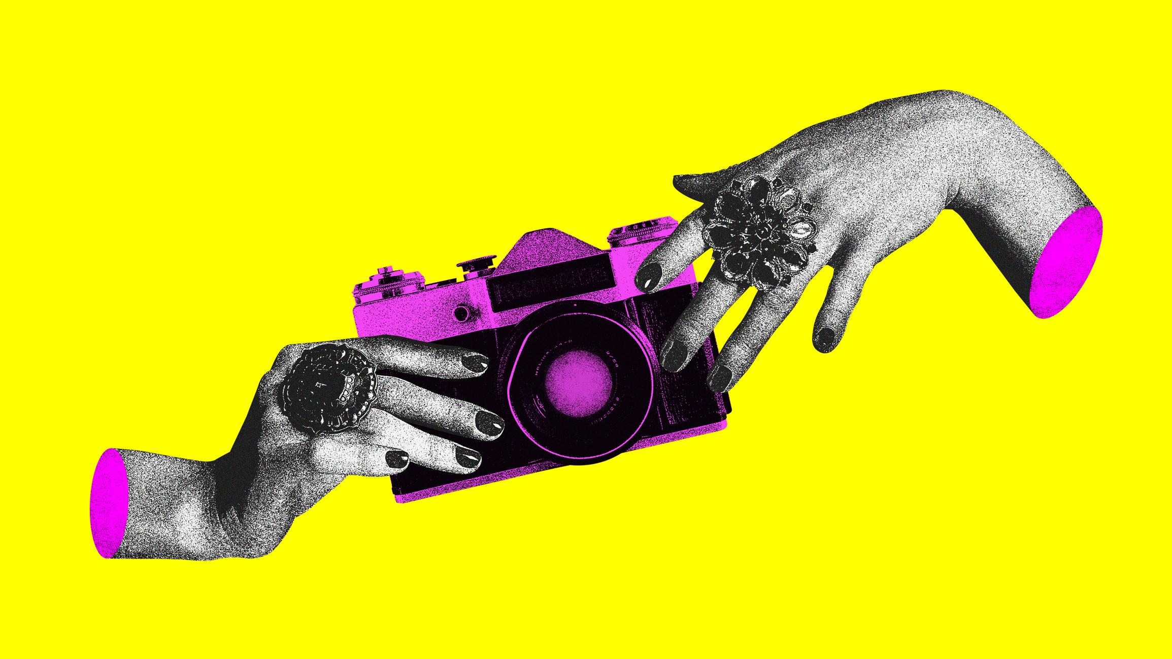 Female hands with rings holding vintage camera against bright yellow background. Contemporary art collage. Concept of y2k style, creativity, surrealism, abstract art, imagination. Colorful design