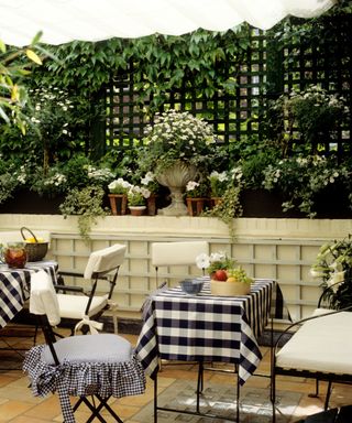 A backyard patio with dark blue plaid bistro tables with baskets and bowls on, white chairs, and a trellis with vine hanging from it and potted plants stood on the white wall