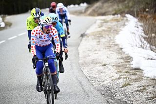 French Mathieu Burgaudeau of TotalEnergies in the breakaway group during the sixth stage of the Paris-Nice eight days cycling stage race, 198,2km from Sisteron to La Colle-sur-Loup, France, Friday 08 March 2024. BELGA PHOTO JASPER JACOBS (Photo by JASPER JACOBS / BELGA MAG / Belga via AFP)