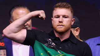 Mexico's Canelo Alvarez gestures during a press conference in Riyadh ahead of his super middleweight boxing match against Cuba's William Scull