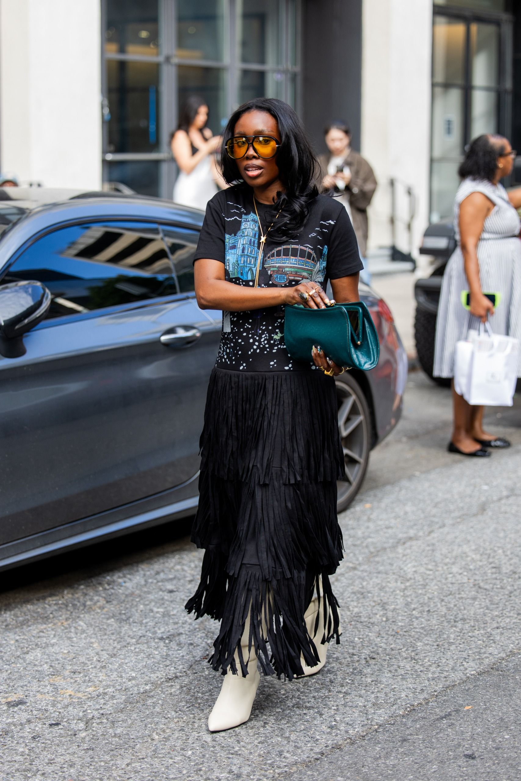 A guest wore the statement skirt trend at New York Fashion Week 2026