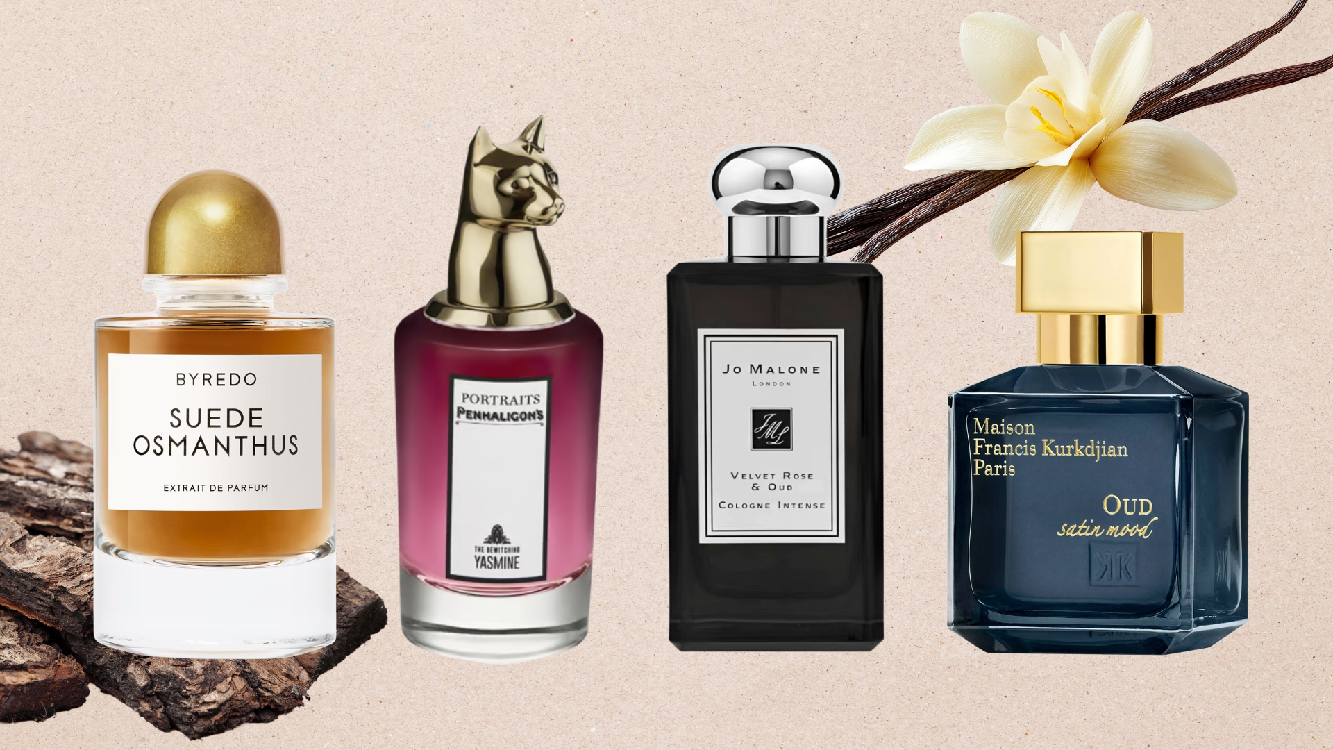 A collage featuring some of the best oud perfumes in this guide, including scents from Byredo, Penhaligon's, Jo Malone London and Maison Francis Kurkdjian/ on a beige template with stock images of smoke, oud wood and vanilla. 
