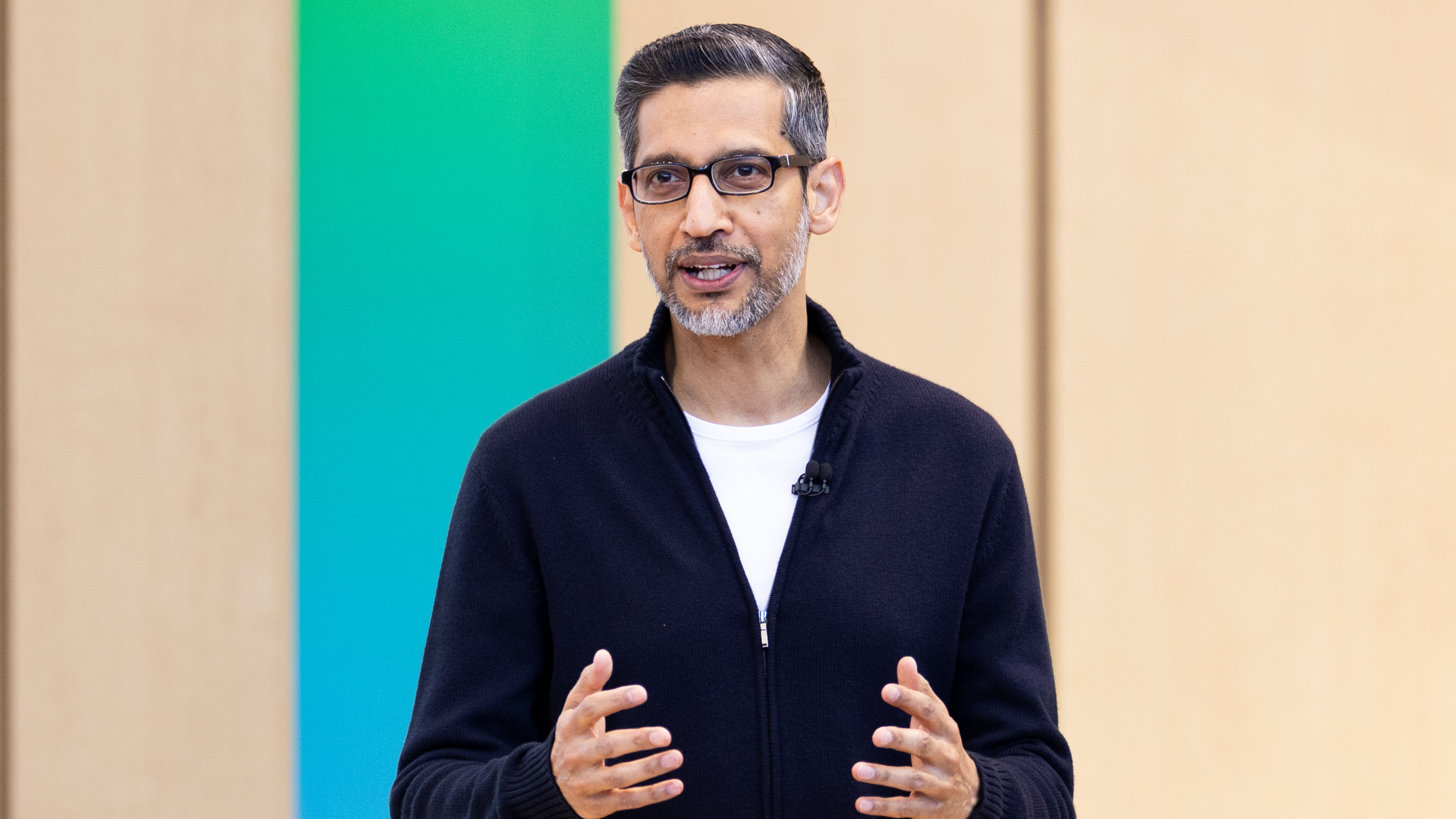 Google CEO Sundar Pichai speaks during a keynote address at Google I/O on May 19, 2026 in Mountain View, California. 