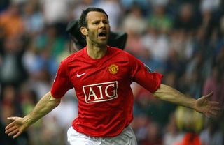 Ryan Giggs celebrates after scoring for Manchester United against Wigan in May 2008.