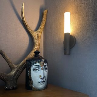 lit wall light on a wall beside a shelf with a decorative pot and a deer antler