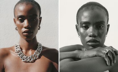 Side by side images of models. Left, interconnected silver necklace. Right: Small earings and a double ring. 
