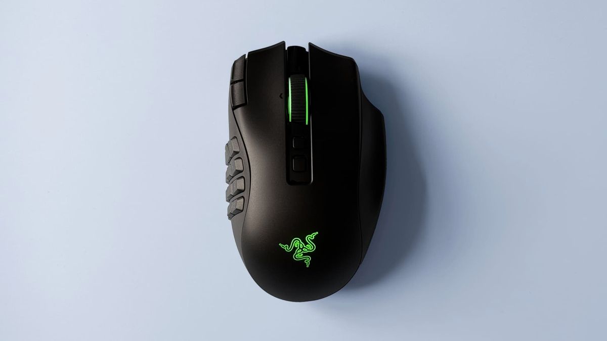 The Razer Naga V3 Pro mouse against a blue background.