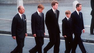 The Duke of Edinburgh, Prince William, Earl Spencer, Prince Harry and the Prince of Wales walk behind the coffin of Diana, Princess of Wales