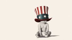 Illustration of a toddler wearing an oversized Uncle Sam hat