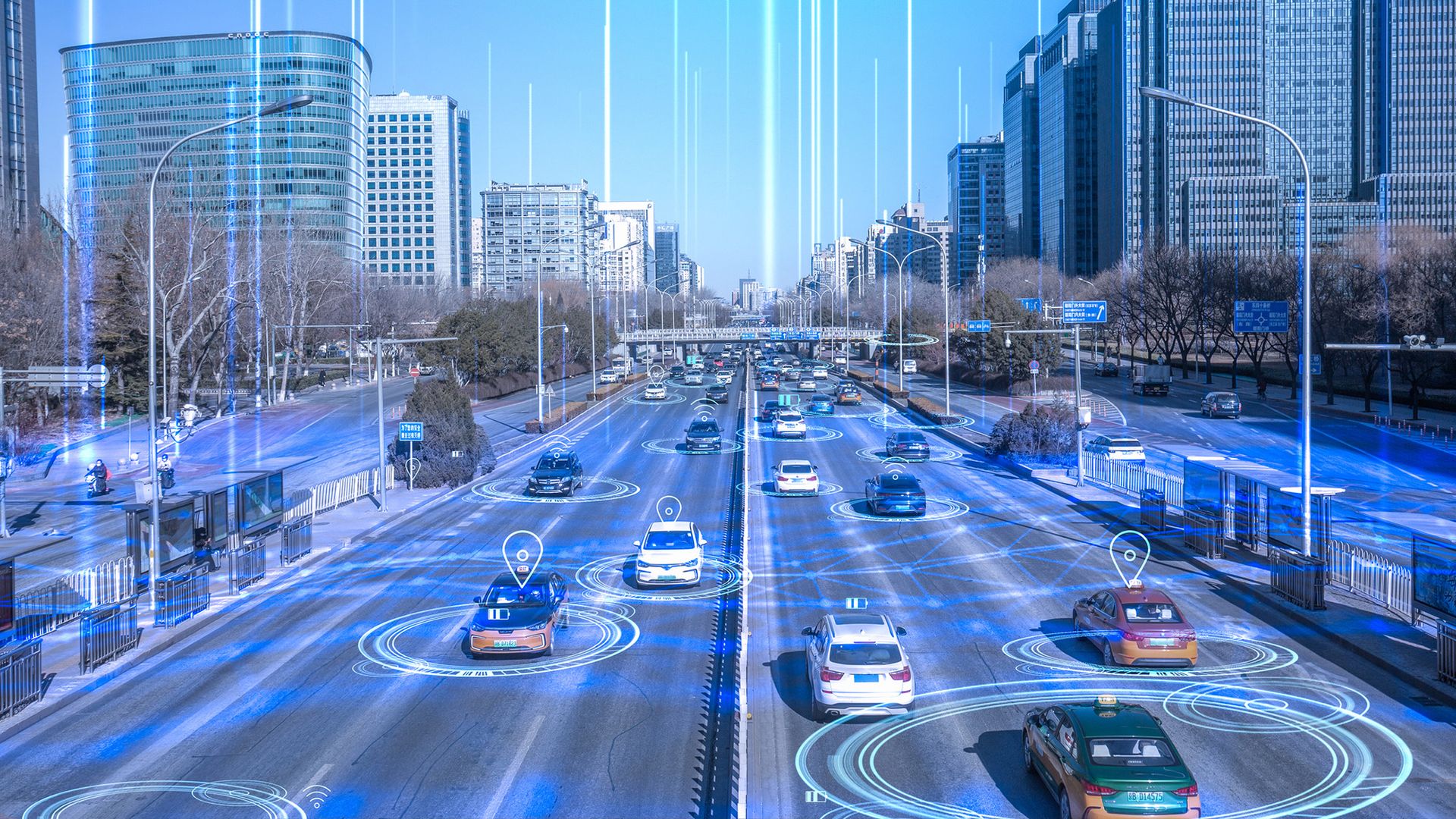 An image of cars on the road overlaid with blue circles and lines.