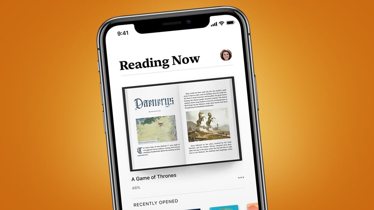 An iPhone on an orange background showing the Apple Books app