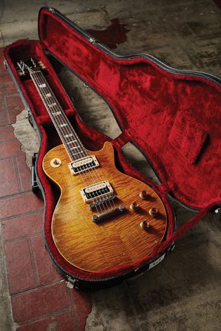 Slash's Kris Derrig Les Paul replica guitar, in its case