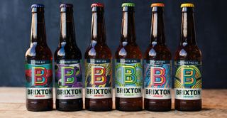 Energetic branding with a dominant B by Junction Studio for Brixton Brewery. A similar typographic style can be achieved with 3D chromatic fonts, Idler Pro or Prismatic