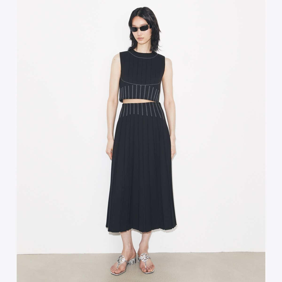 Wool Twill Pleated Top in Black, Size 14