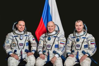 Soyuz MS-21 crew, from the left: Sergey Korsakov, Oleg Artemyev and Denis Matveev, all Roscosmos cosmonauts.