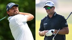 Andrew Novak hits a tee shot with a driver, Ryan Fox walks off the green