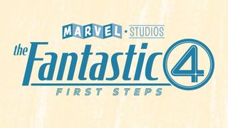 The new logo for The Fantastic Four: First Steps movie in blue writing on a beige background