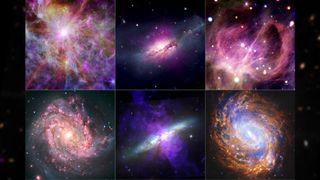 six different colorful whirls of gases on a starry background