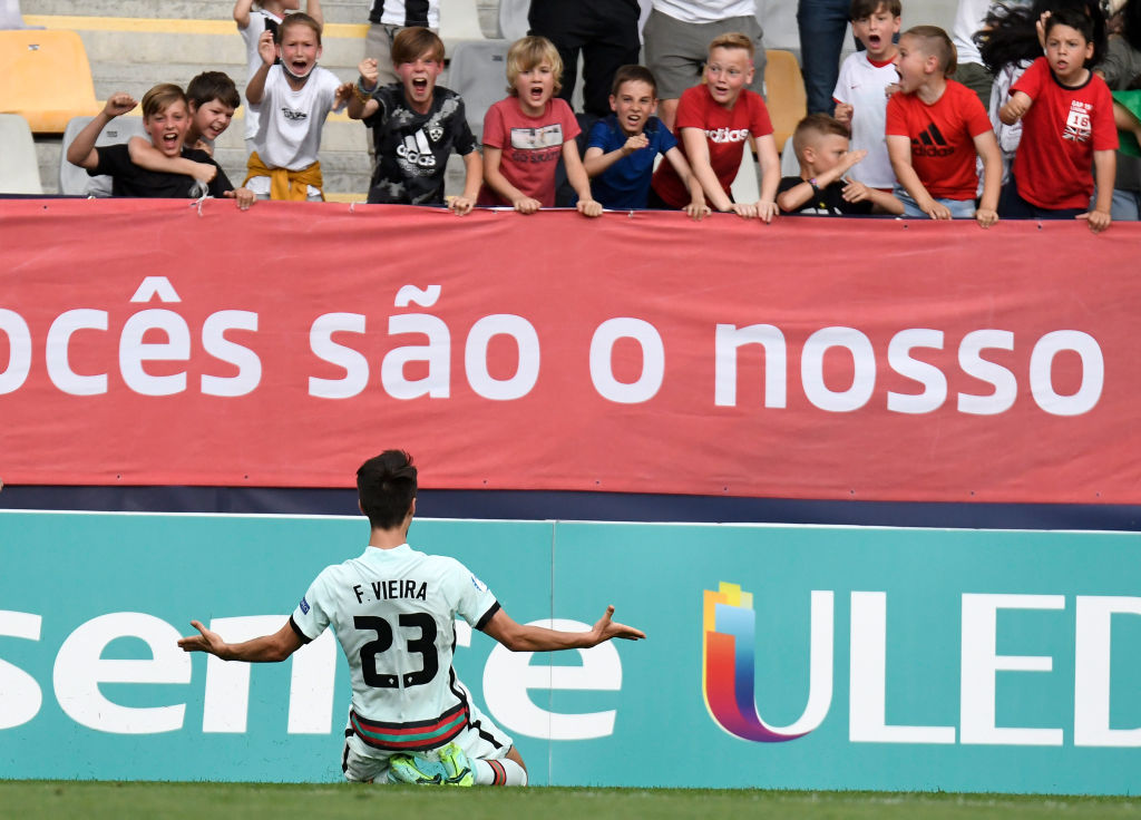 Fabio Vieira of Portugal celebrates after scoring their team's first goal during the 2021 UEFA European Under-21 Championship Semi-finals match between Spain and Portugal at Stadion Ljudski vrt on June 03, 2021 in Maribor, Slovenia.