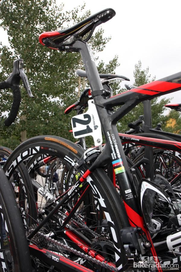 Cadel Evans' (BMC) BMC TeamMachine SLR01 was only dressed up with some world championship stripes.