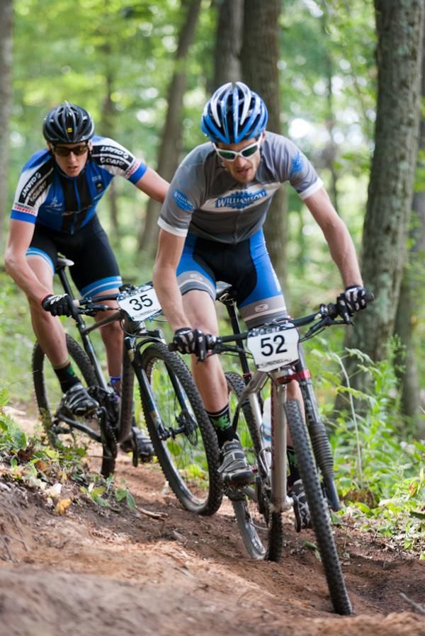 Isaac Neff (Williamson Bicycle Works) leads Seamus Powell (Giant Mid Atlantic Off Road Team) in the first half of the Super D course