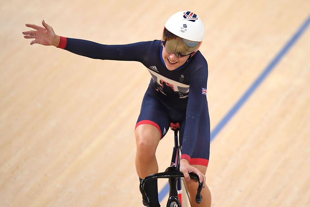 Laura Trott (Great Britain) celebrates her Omnium gold medal