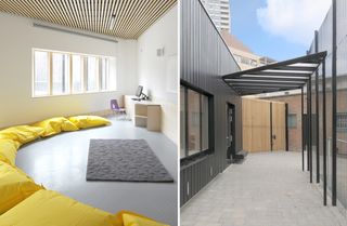 Two side-by-side images. Left: Inside a light an airy room with seven large yellow pillow cushions in a semi-circle on the floor. In the centre of the room is a grey mat. In the corner is a desk with PC. The right image shows an exterior of a building with a large glass porch.