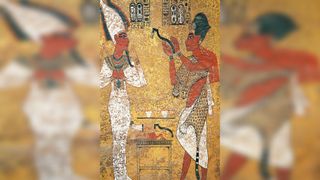 This wall painting in Tutankhamun's tomb shows the pharaoh interacting with Osiris, a deity considered to be god of the underworld. Tut was about 19 years old when he passed away.