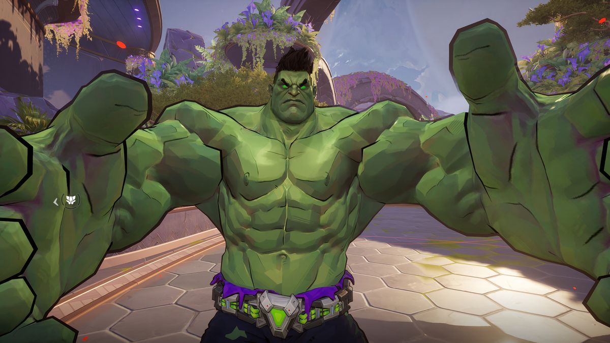 Marvel Rivals characters - Hulk with his hands out as if he&#039;s grabbing the camera. 