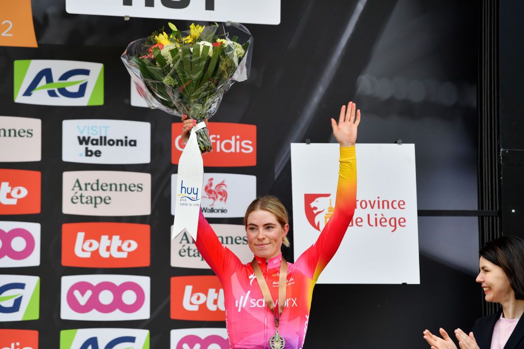 HUY BELGIUM APRIL 20 Demi Vollering of Netherlands and Team SD Worx celebrates winning the third place on the podium ceremony after the 25th La Flche Wallonne 2022 Womens Elite a 1334km one day race from Huy to Mur de Huy FlecheWallonne FWwomen on April 20 2022 in Huy Belgium Photo by Luc ClaessenGetty Images