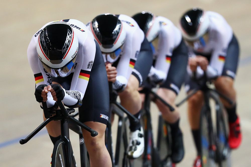 Charlotte Becker, Franziska Brausse, Lisa Brennauer and Lisa Klein of Germany competes in the Women's team pursuit Quarter Finals