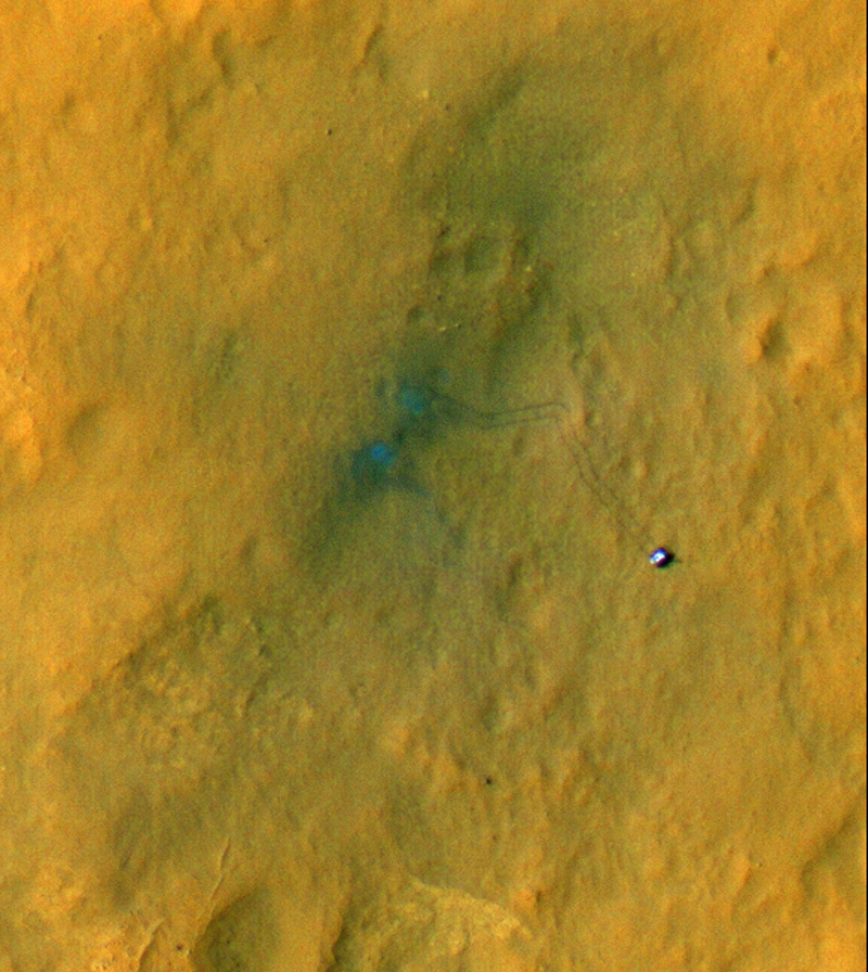 Mars rover Curiosity&#039;s tracks on Mars seen from space in this image released Sept. 6, 2012.