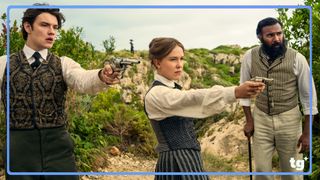 (L to R) Louis Partridge as Tewkesbury, Millie Bobby Brown as Enola Holmes and Himesh Patel as Dr. Watson in Enola Holmes 3