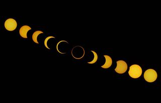 a sequence of eclipse images showing the moon progressively cover the sun until just the ring of fire is left then the moon moves on and the sun is revealed.