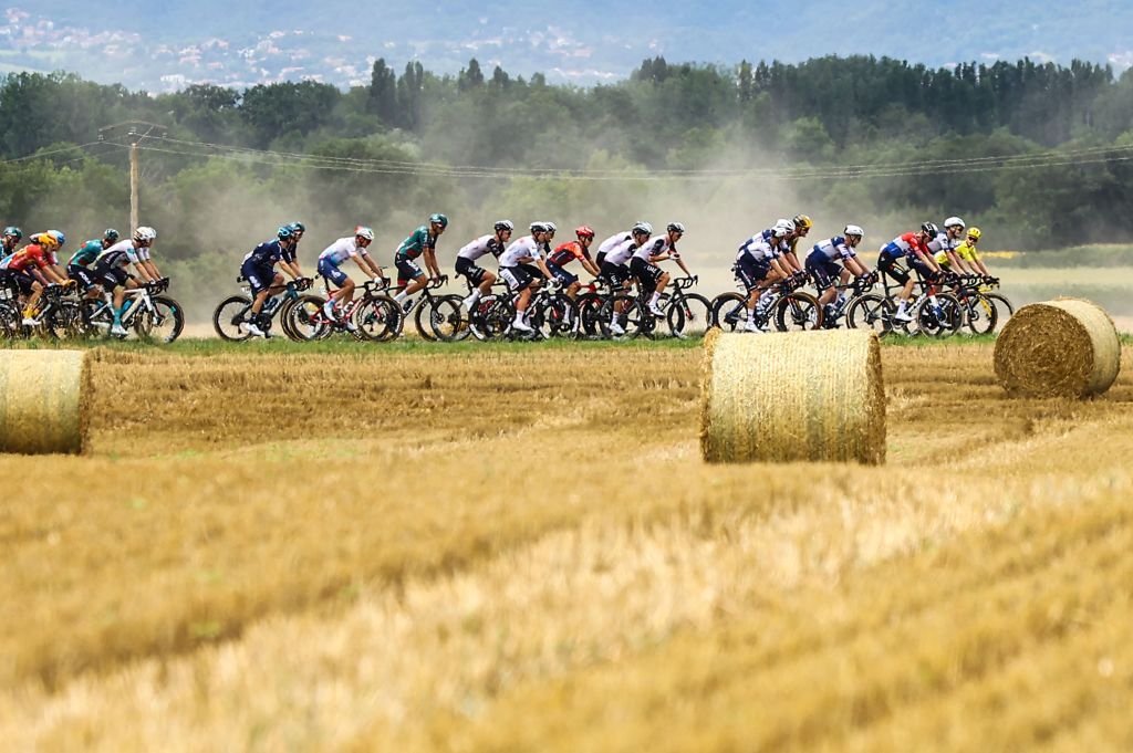 Illustration picture shows the peloton passing a field of hay during stage 11 of the Tour de France cycling race from ClermontFerrand to Moulins 1798 km France Wednesday 12 July 2023 This years Tour de France takes place from 01 to 23 July 2023 BELGA PHOTO DAVID PINTENS Photo by DAVID PINTENS BELGA MAG Belga via AFP Photo by DAVID PINTENSBELGA MAGAFP via Getty Images