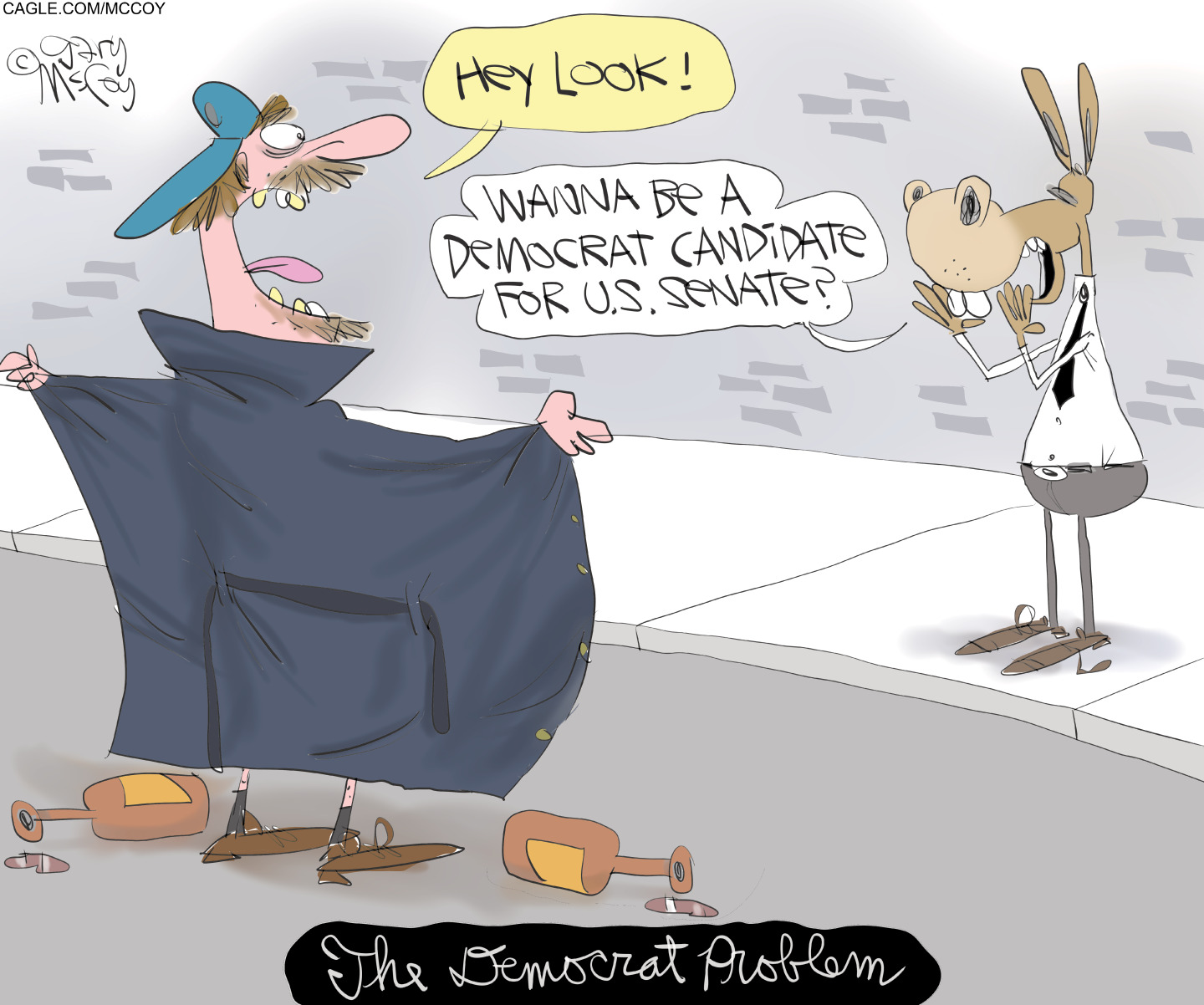 A crazy-looking man in a trenchcoach flashes a donkey in this cartoon, titled &amp;ldquo;The Democrat Problem&amp;rdquo;. The crazy man says, &amp;ldquo;Hey look!&amp;rdquo; and the donkey responds, &amp;ldquo;Wanna be a Democrat candidate for U.S. Senate?&amp;rdquo;
