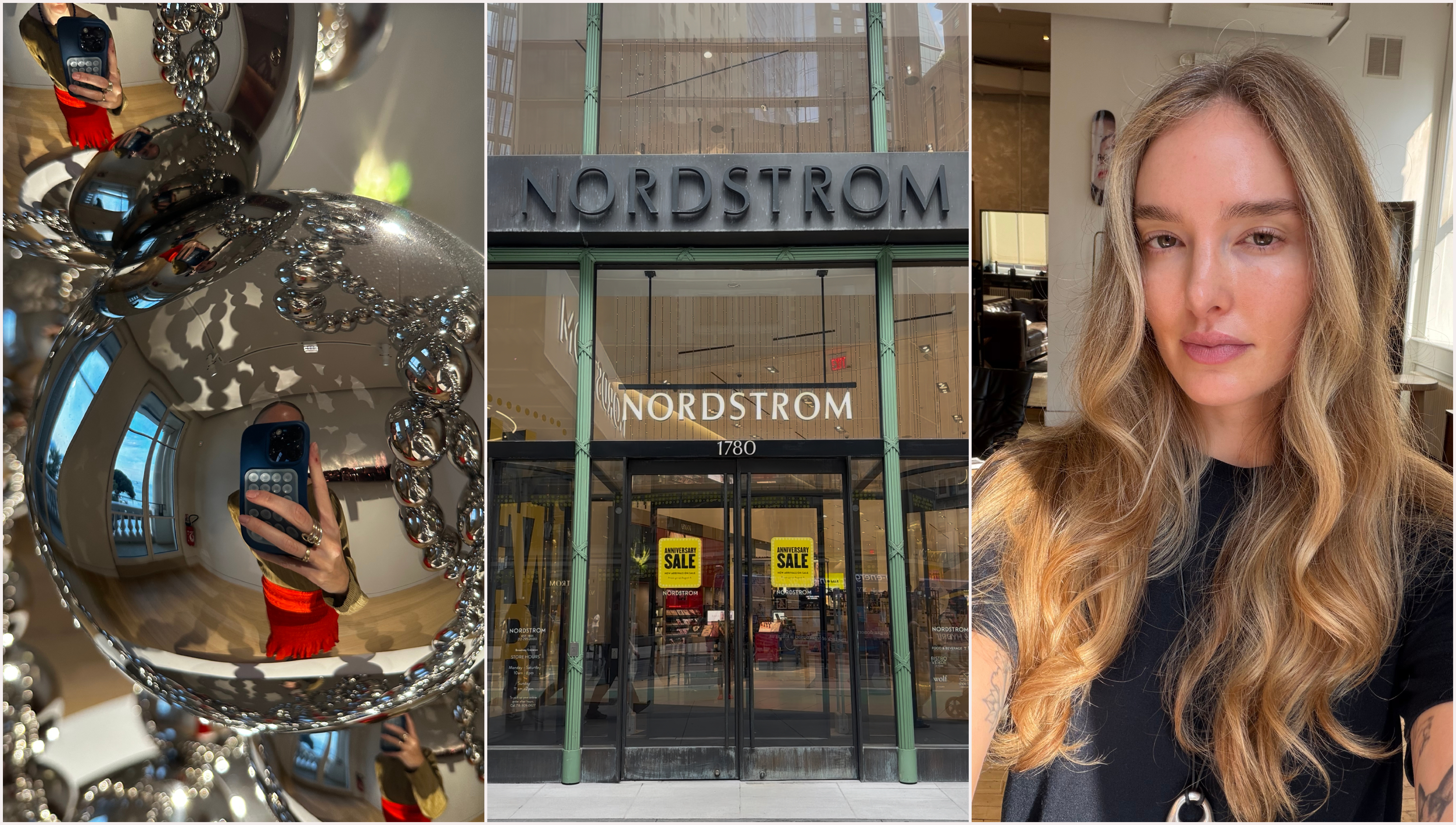 three slides with mirror reflective bubbles, the front of the nordstrom store, and a woman with long blonde wavy hair in a black shirt