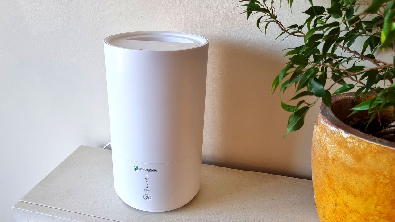 PureGuardian H950AR Ultrasonic Cool Mist Humidifier standing next to a houseplant